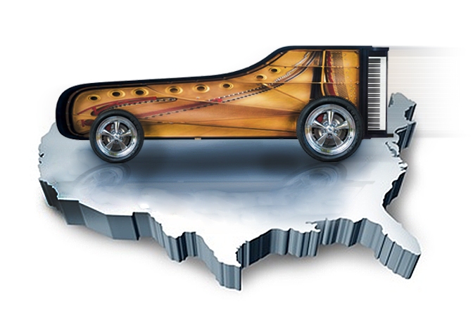 Graphic of a grand piano with wheels, designed to resemble a vehicle, placed on top of a 3D map of the United States.