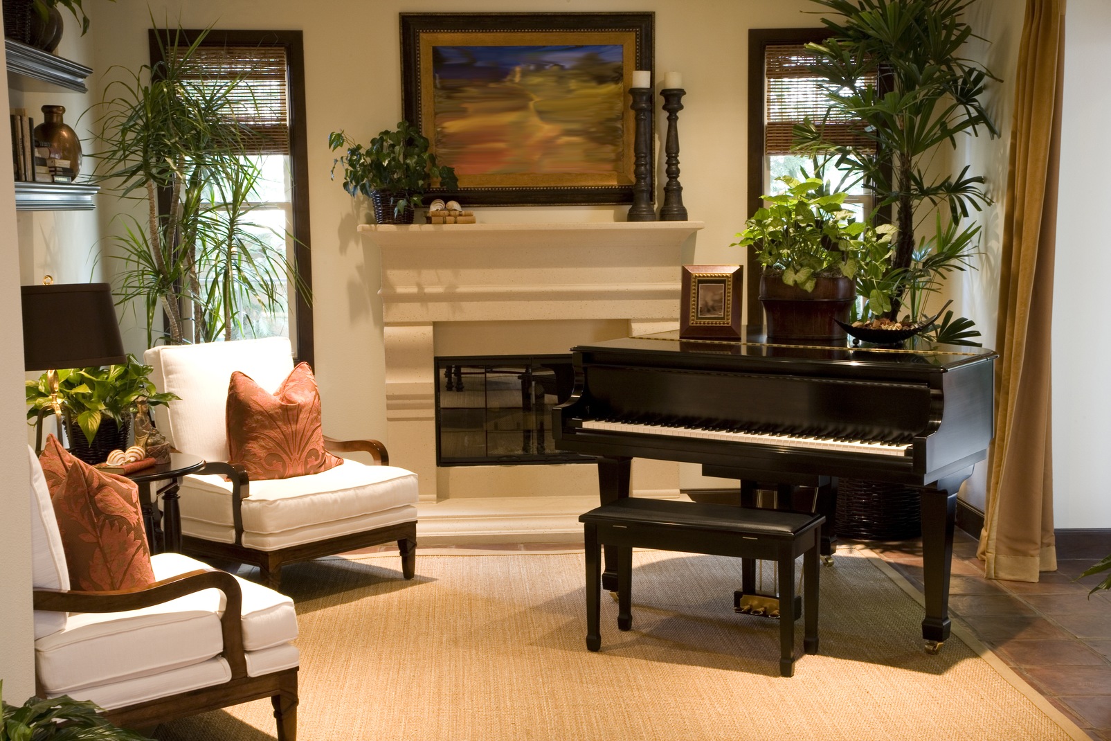 red brown piano living room