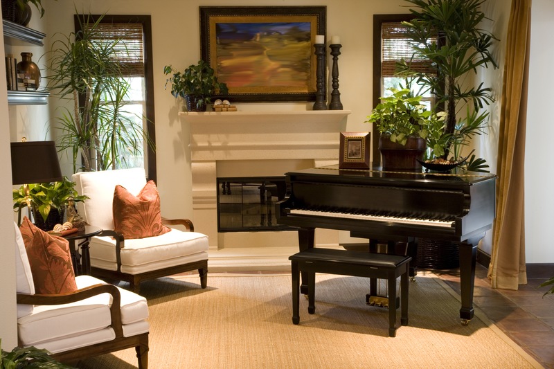 living room with a piano